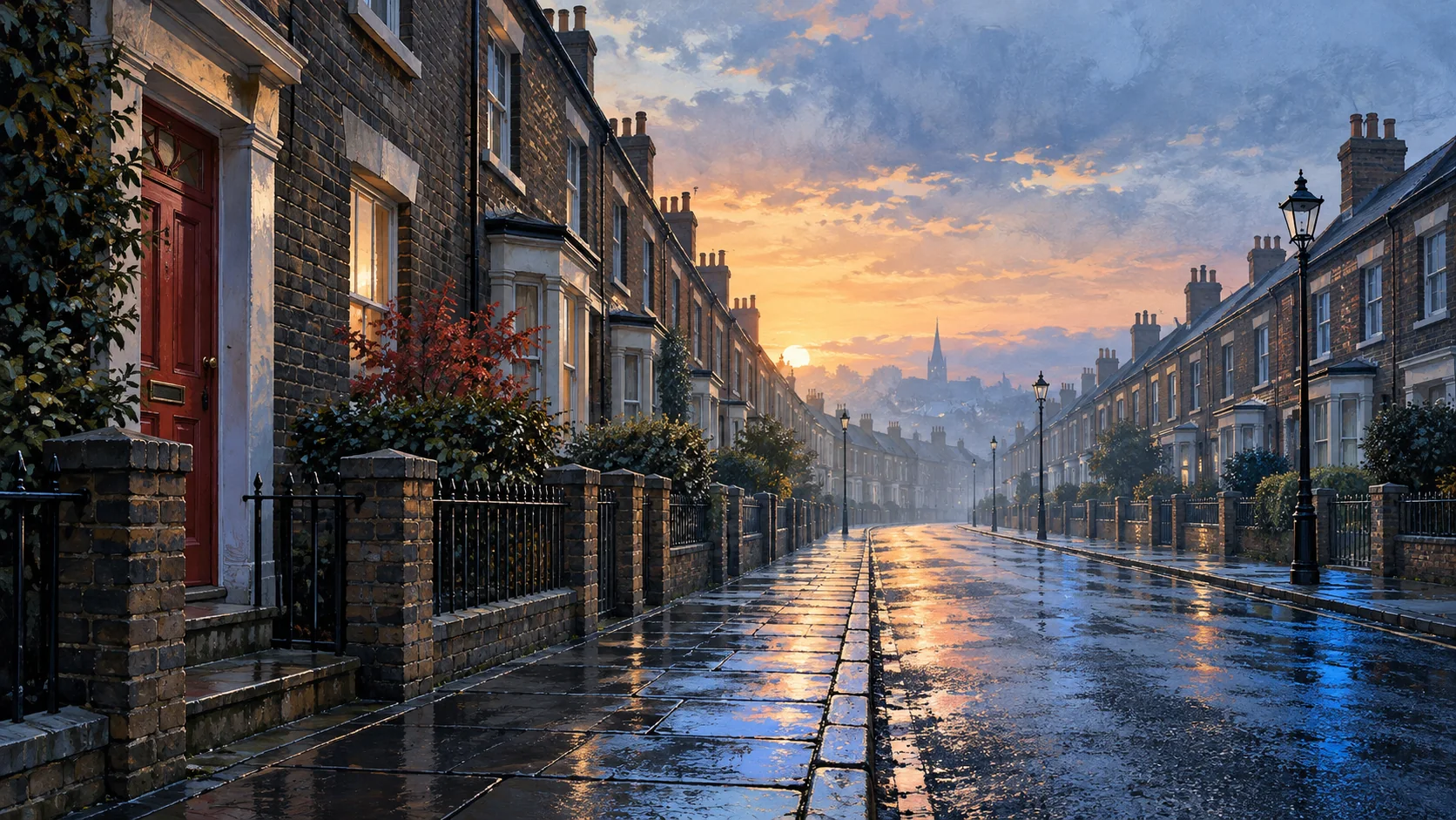 Illustration of an empty British terraced street at dawn.