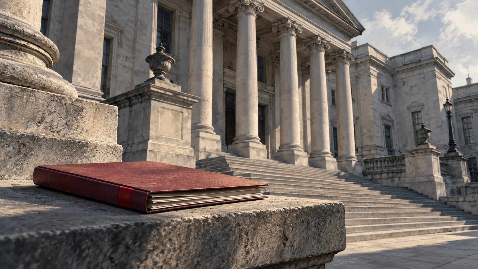 Illustration of an unmarked folder in front of a generic civic courthouse.